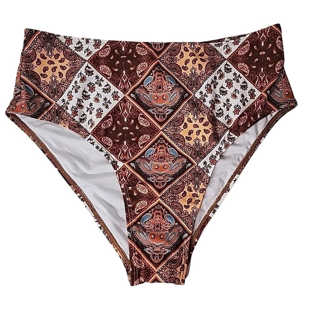 Zaful High Waist Bandana Print Bikini Bottoms Brown Tan Women's S